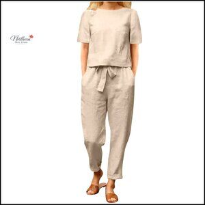 Cotton Linen Two-Piece Lounge Set with Drawstring Pants, Side Pockets
